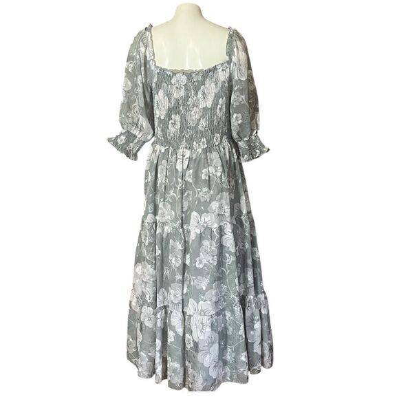 Baltic Born Fabian Jacquard Neutral Floral Smoked Bodice Puff  Sleeve Midi Dress - Picture 6 of 9